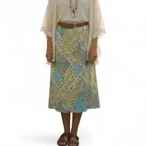 NYCC Vintage Patchwork Paisley Midi Skirt - Boho Chic Stretchy Blue M/L